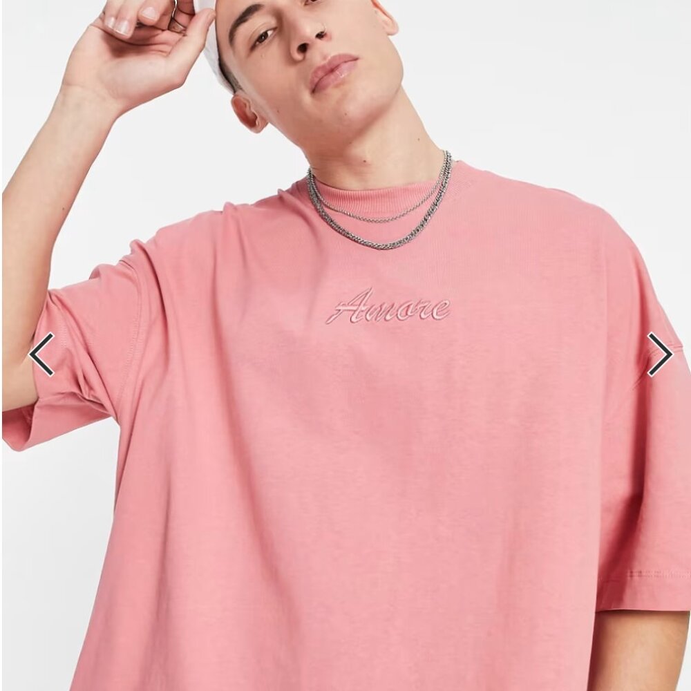 Topman extreme oversized T-shirt with amore embroidery in pink